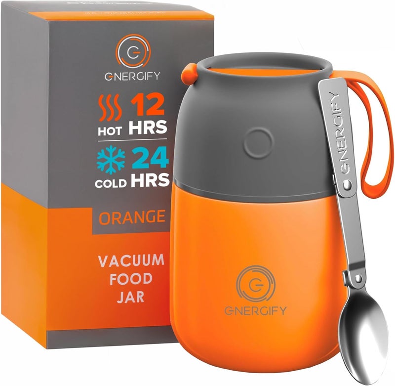 ENERGIFY Vacuum Insulated Food Jar. Large 17oz Bowl incl. Folding Spoon, Cup. Wide Mouth Keep Hot & Cold Drinks Soup Lunch Container for Adults. BPA-Free Stainless Steel, Leak Proof Orange - Image 1